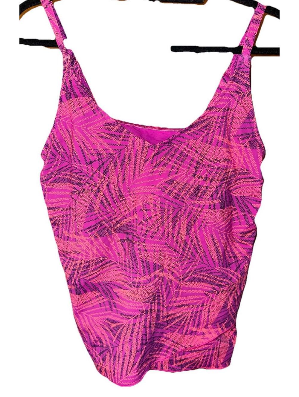 Lands' End women's pink palm leaves tankini swimsuit top Sz M Resort tropical